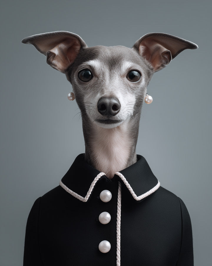 Wagwag Art modern fashion-inspired custom pet portrait – a female dog in a structured black jacket with white trim and pearl earrings, gray background