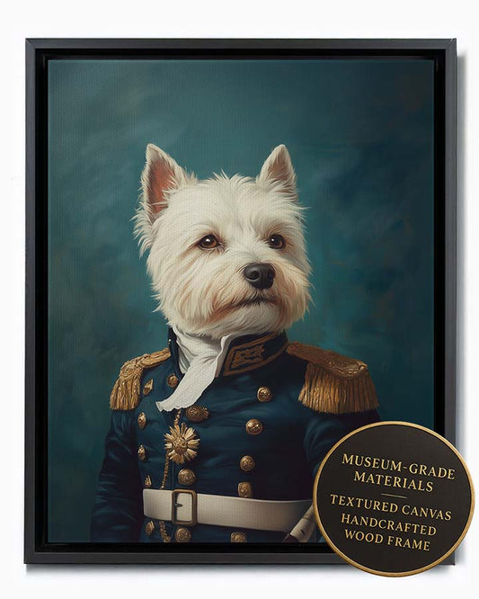 Wagwag Art 18th-century naval admiral style custom pet portrait – West Highland White Terrier in navy blue uniform with golden epaulets, commanding expression and muted teal background, shown in black frame