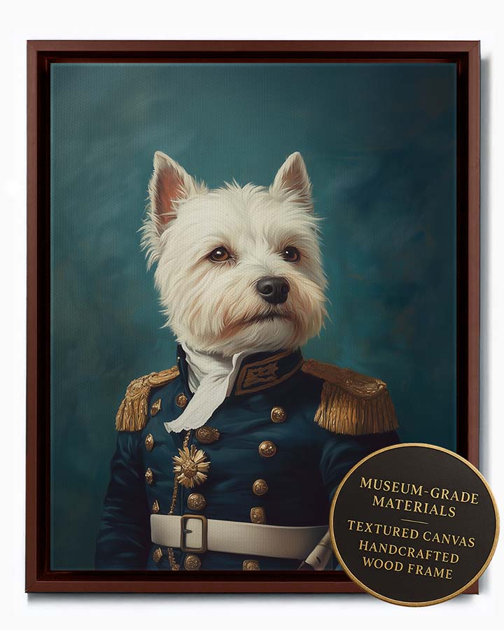 Wagwag Art 18th-century naval admiral style custom pet portrait – West Highland White Terrier in navy blue uniform with golden epaulets, commanding expression and muted teal background, shown in espresso frame