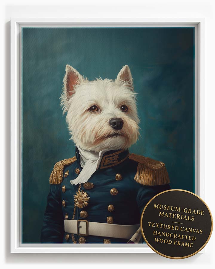 Wagwag Art 18th-century naval admiral style custom pet portrait – West Highland White Terrier in navy blue uniform with golden epaulets, commanding expression and muted teal background, shown in white frame