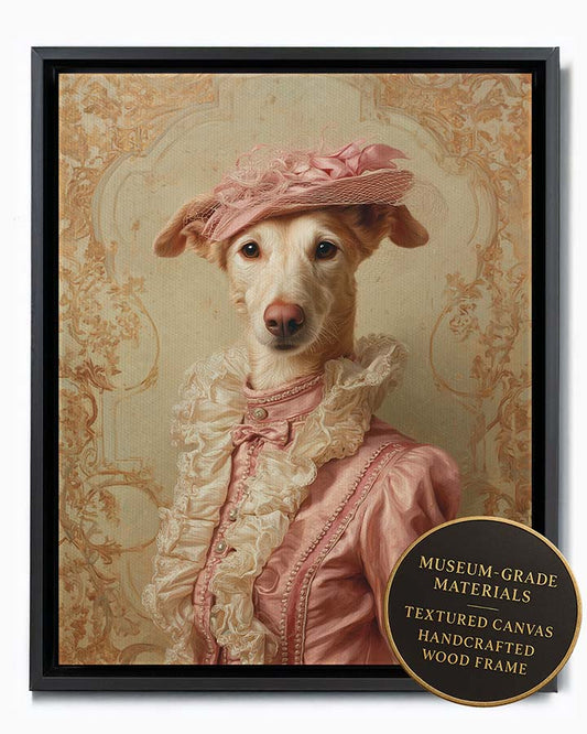 Wagwag Art classical custom pet portrait – a noble female dog in muted pink satin gown with ivory ruffles and pearl buttons, wearing a soft pink hat, pale gold damask background, oil painting style, shown in black frame