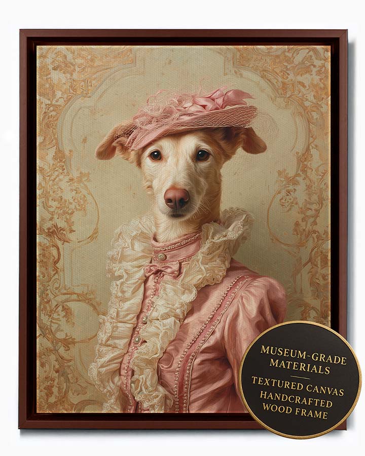 Wagwag Art classical custom pet portrait – a noble female dog in muted pink satin gown with ivory ruffles and pearl buttons, wearing a soft pink hat, pale gold damask background, oil painting style, shown in espresso frame