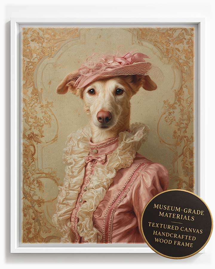 Wagwag Art classical custom pet portrait – a noble female dog in muted pink satin gown with ivory ruffles and pearl buttons, wearing a soft pink hat, pale gold damask background, oil painting style, shown in white frame