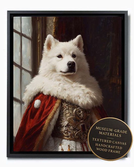 Wagwag Art regal style custom pet portrait – Samoyed dog in ermine-trimmed cape and ornate robes, powerful expression with soft palace backdrop, shown in black frame