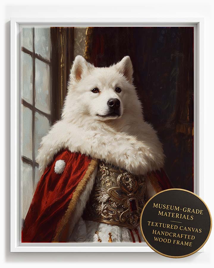 Wagwag Art regal style custom pet portrait – Samoyed dog in ermine-trimmed cape and ornate robes, powerful expression with soft palace backdrop, shown in white frame