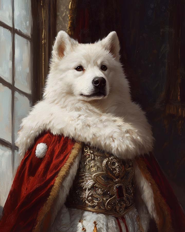 Wagwag Art regal style custom pet portrait – Samoyed dog in ermine-trimmed cape and ornate robes, powerful expression with soft palace backdrop