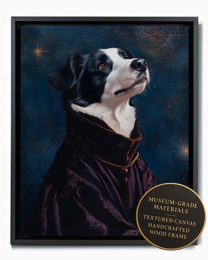 Wagwag Art Renaissance astronomer style custom pet portrait – Border Collie in dark velvet robe with celestial map backdrop and thoughtful expression, shown in black frame