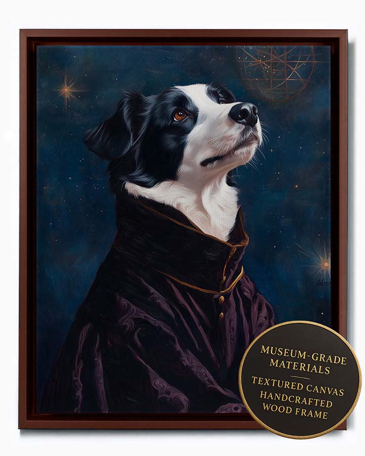Wagwag Art Renaissance astronomer style custom pet portrait – Border Collie in dark velvet robe with celestial map backdrop and thoughtful expression, shown in espresso frame