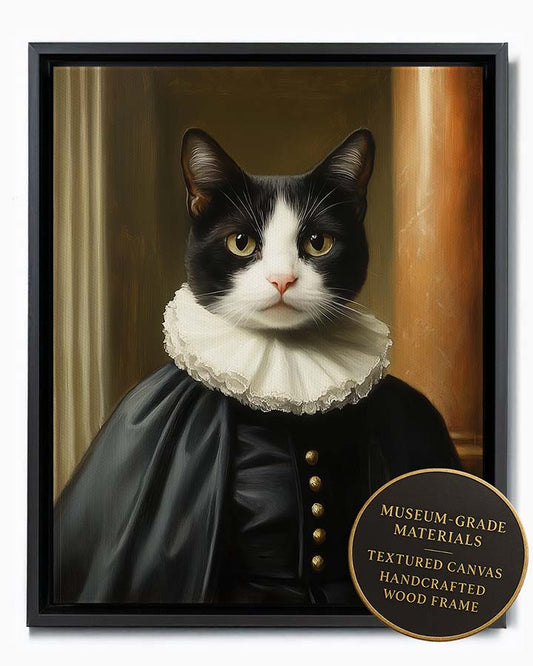 Wagwag Art Renaissance Chancellor style custom pet portrait – a tuxedo cat wearing dark formal robes and a white ruff collar, set against blurred classical architecture in oil painting style, shown in black frame