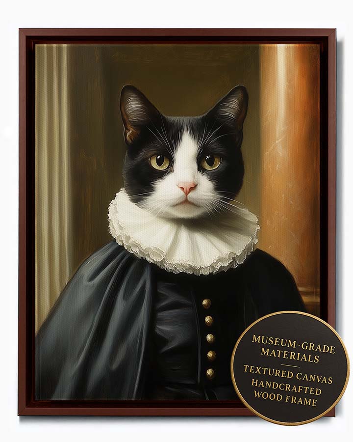 Wagwag Art Renaissance Chancellor style custom pet portrait – a tuxedo cat wearing dark formal robes and a white ruff collar, set against blurred classical architecture in oil painting style, shown in espresso frame