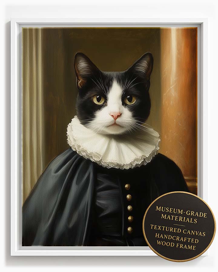 Wagwag Art Renaissance Chancellor style custom pet portrait – a tuxedo cat wearing dark formal robes and a white ruff collar, set against blurred classical architecture in oil painting style, shown in white frame