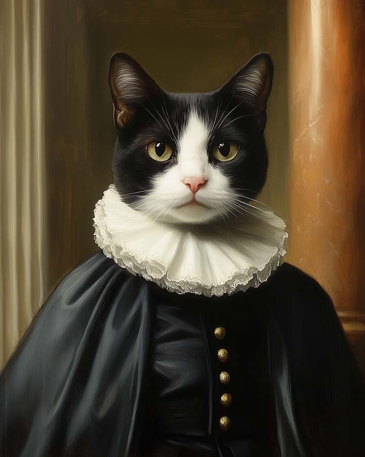 Wagwag Art Renaissance Chancellor style custom pet portrait – a tuxedo cat wearing dark formal robes and a white ruff collar, set against blurred classical architecture in oil painting style