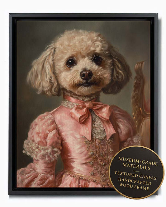 Wagwag Art Renaissance Countess’s daughter style custom pet portrait – a fluffy small dog in pink satin dress with bows, soft expression and pastel backdrop, shown in black frame