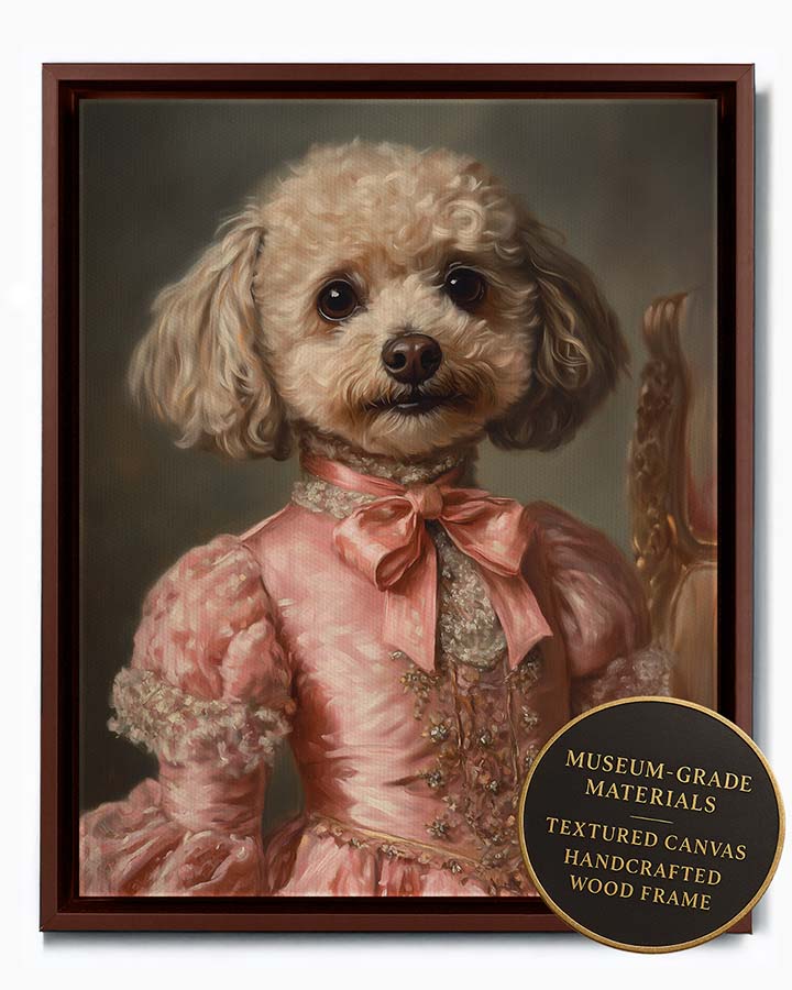 Wagwag Art Renaissance Countess’s daughter style custom pet portrait – a fluffy small dog in pink satin dress with bows, soft expression and pastel backdrop, shown in espresso frame
