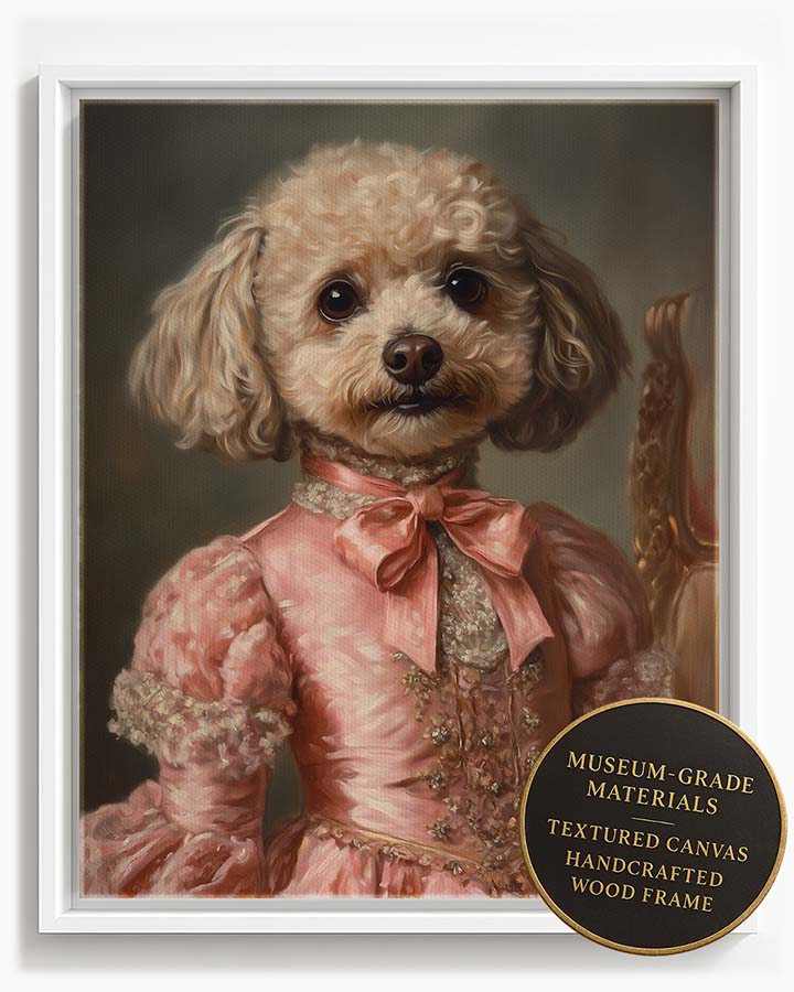 Wagwag Art Renaissance Countess’s daughter style custom pet portrait – a fluffy small dog in pink satin dress with bows, soft expression and pastel backdrop, shown in white frame