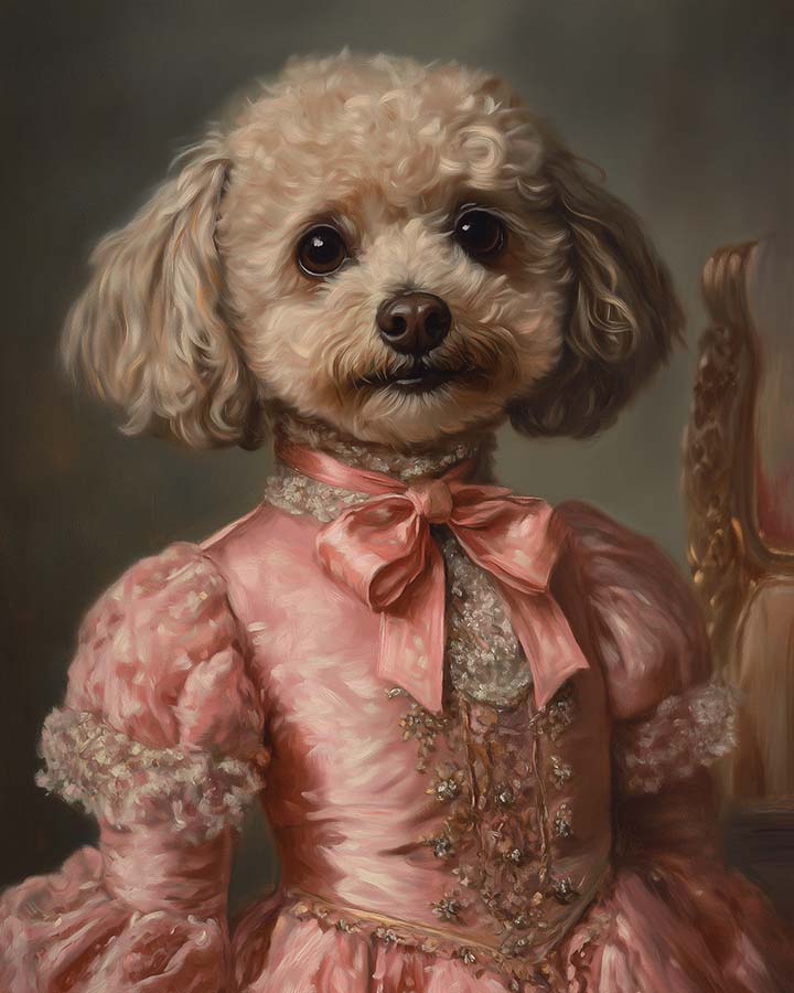 Wagwag Art Renaissance Countess’s daughter style custom pet portrait – a fluffy small dog in pink satin dress with bows, soft expression and pastel backdrop