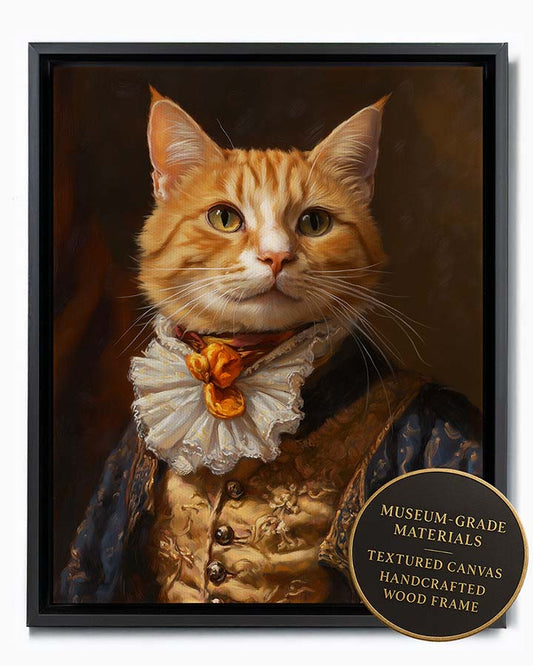 Wagwag Art custom pet portrait in Duke style – a cheerful ginger cat in embroidered waistcoat and cravat, warm classic oil painting tones, shown in black frame