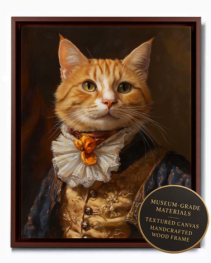 Wagwag Art custom pet portrait in Duke style – a cheerful ginger cat in embroidered waistcoat and cravat, warm classic oil painting tones, shown in espresso frame
