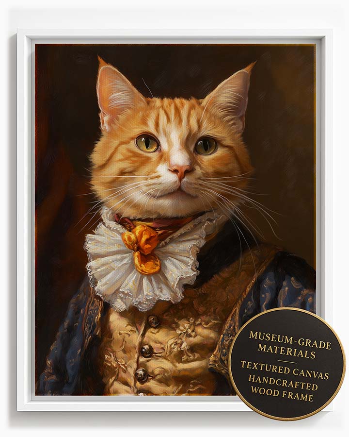Wagwag Art custom pet portrait in Duke style – a cheerful ginger cat in embroidered waistcoat and cravat, warm classic oil painting tones, shown in white frame