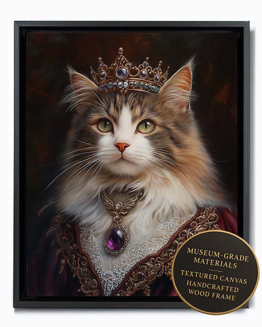 Wagwag Art Renaissance Empress-style custom pet portrait – a Norwegian Forest Cat wearing a jeweled crown, burgundy brocade gown, and amethyst pendant with dramatic lighting, shown in black frame