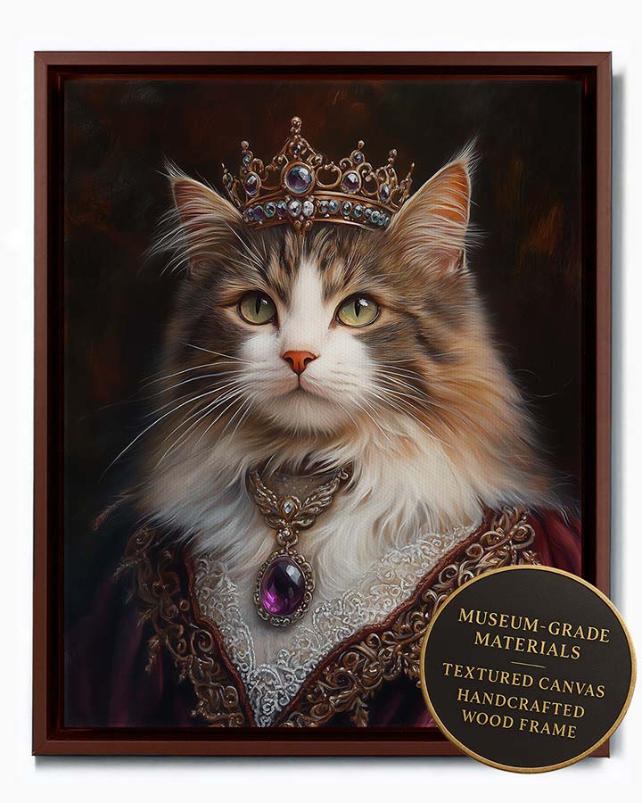 Wagwag Art Renaissance Empress-style custom pet portrait – a Norwegian Forest Cat wearing a jeweled crown, burgundy brocade gown, and amethyst pendant with dramatic lighting, shown in espresso frame