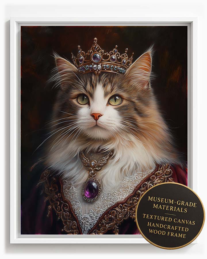 Wagwag Art Renaissance Empress-style custom pet portrait – a Norwegian Forest Cat wearing a jeweled crown, burgundy brocade gown, and amethyst pendant with dramatic lighting, shown in white frame
