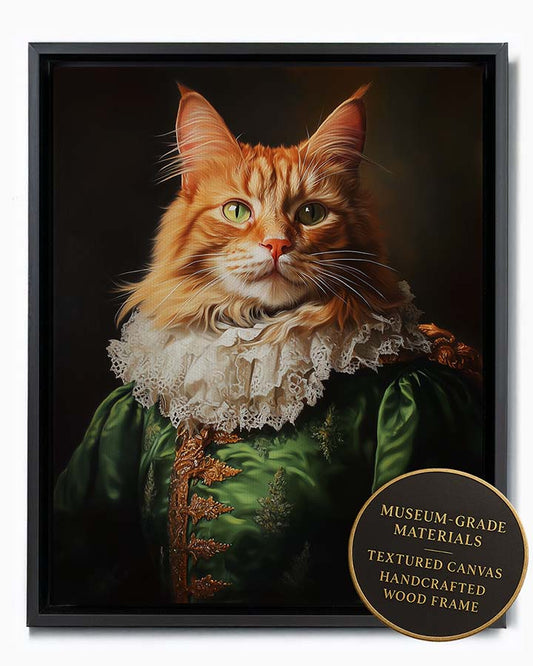 Wagwag Art Renaissance flamboyant duke custom pet portrait – a scruffy ginger longhair cat wearing a lime green brocade doublet and lace collar with a mischievous expression, shown in black frame