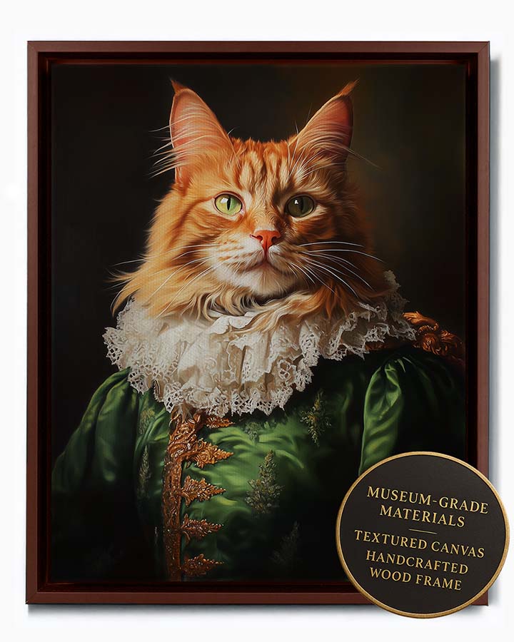 Wagwag Art Renaissance flamboyant duke custom pet portrait – a scruffy ginger longhair cat wearing a lime green brocade doublet and lace collar with a mischievous expression, shown in espresso frame