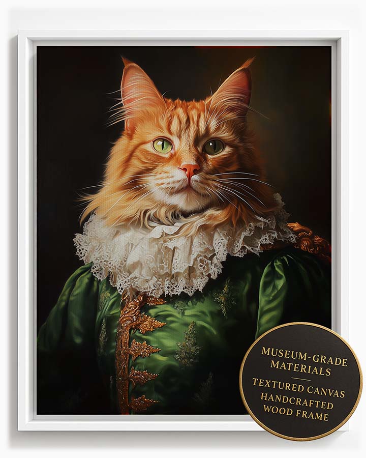 Wagwag Art Renaissance flamboyant duke custom pet portrait – a scruffy ginger longhair cat wearing a lime green brocade doublet and lace collar with a mischievous expression, shown in white frame