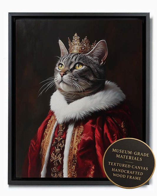Wagwag Art Renaissance king style custom pet portrait – a grey tabby cat in a gold crown and magenta velvet robe, dramatic regal oil painting style, shown in black frame