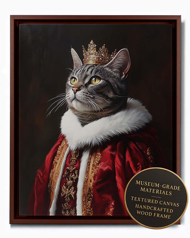 Wagwag Art Renaissance king style custom pet portrait – a grey tabby cat in a gold crown and magenta velvet robe, dramatic regal oil painting style, shown in espresso frame