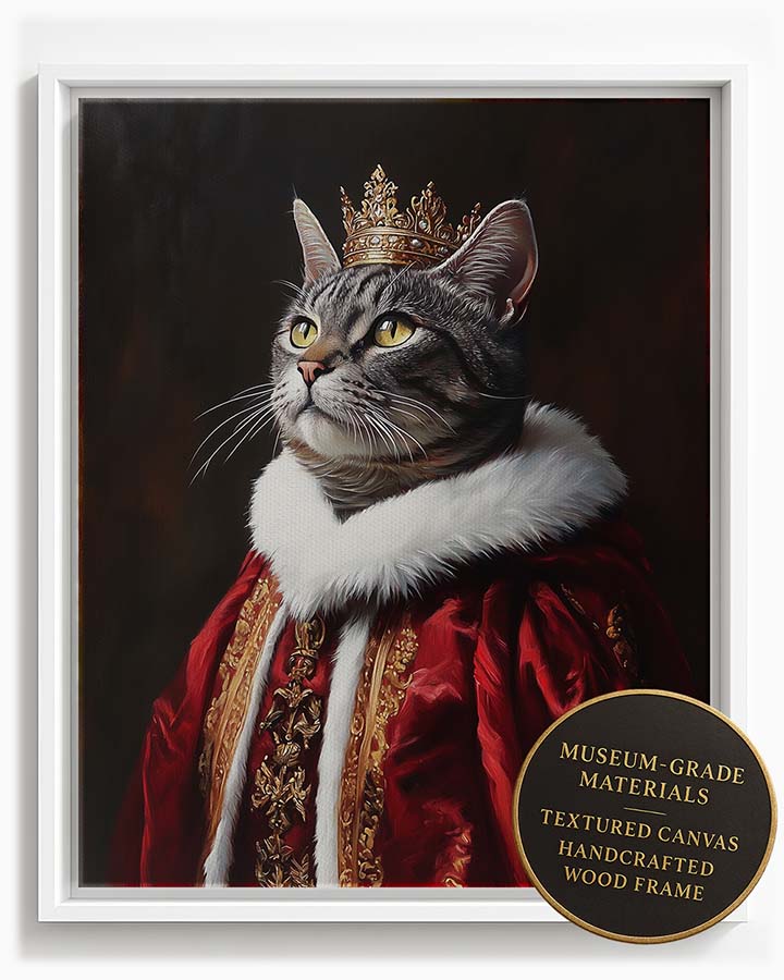 Wagwag Art Renaissance king style custom pet portrait – a grey tabby cat in a gold crown and magenta velvet robe, dramatic regal oil painting style, shown in white frame