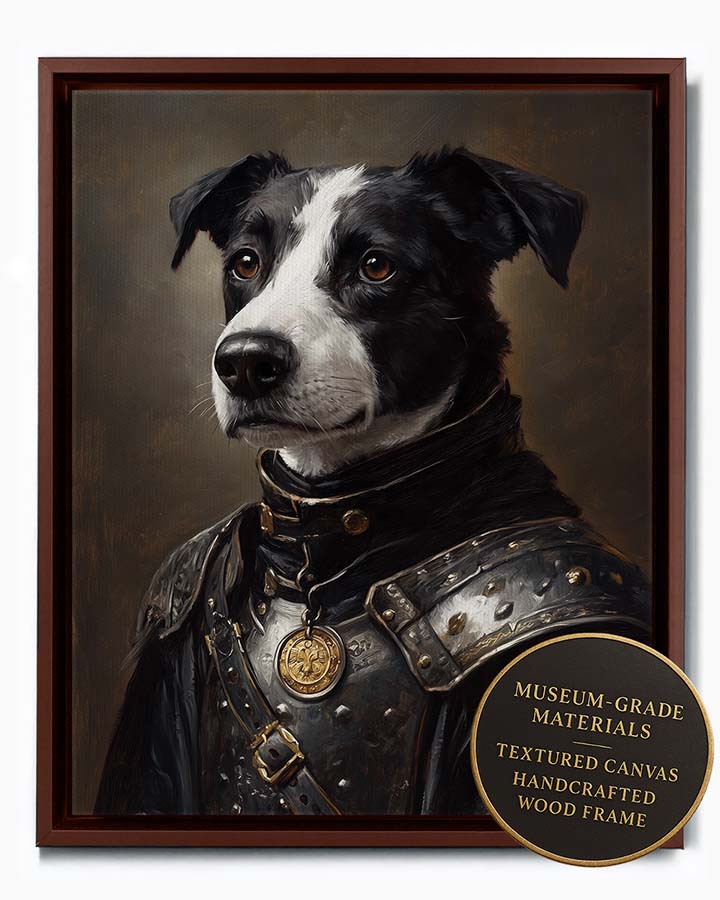 Wagwag Art Renaissance knight commander style custom pet portrait – a black and white dog in polished armor with a medal, classical oil painting style, shown in espresso frame