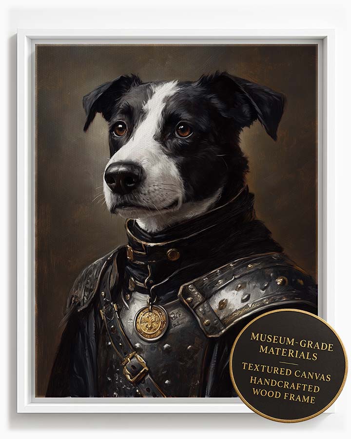 Wagwag Art Renaissance knight commander style custom pet portrait – a black and white dog in polished armor with a medal, classical oil painting style, shown in white frame