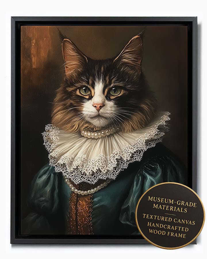 Wagwag Art Renaissance noblewoman style custom pet portrait - a brown tabby cat wearing a pearl necklace and white ruffled collar, shown in black frame