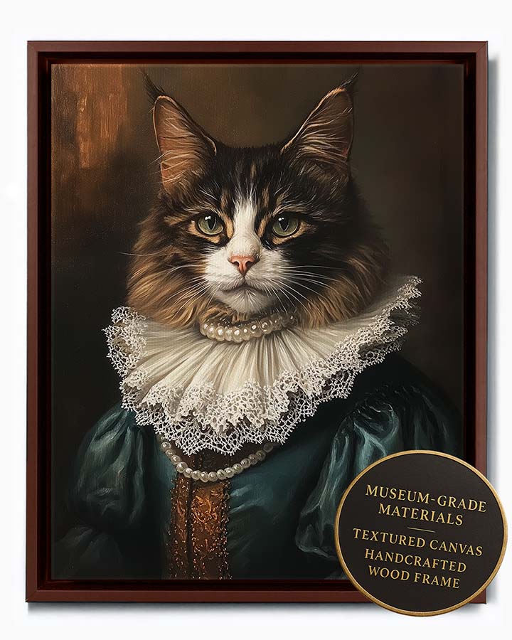 Wagwag Art Renaissance noblewoman style custom pet portrait - a brown tabby cat wearing a pearl necklace and white ruffled collar, shown in espresso frame