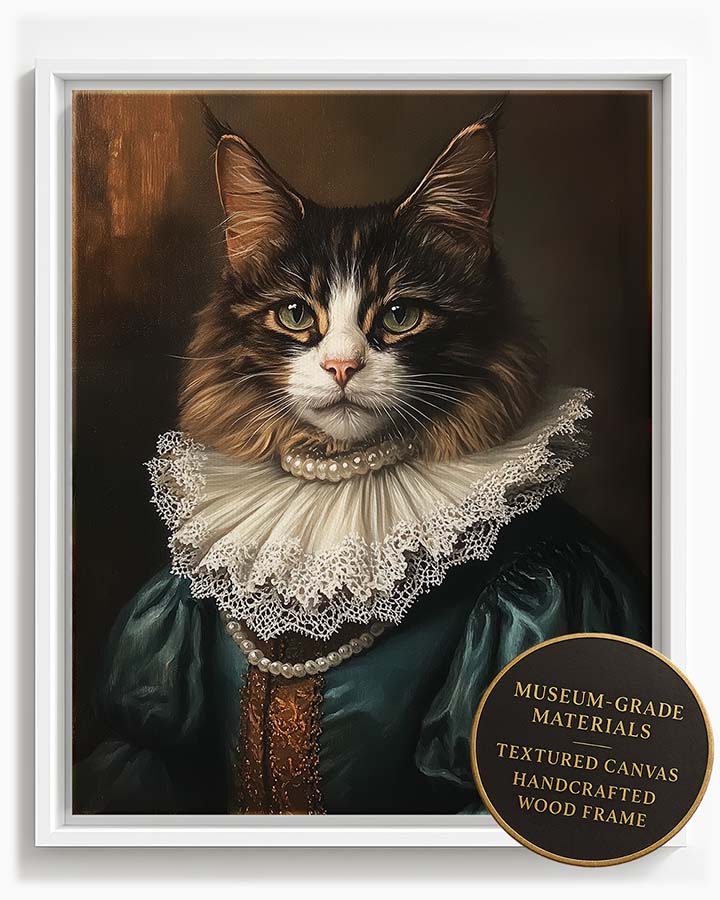 Wagwag Art Renaissance noblewoman style custom pet portrait - a brown tabby cat wearing a pearl necklace and white ruffled collar, shown in white frame