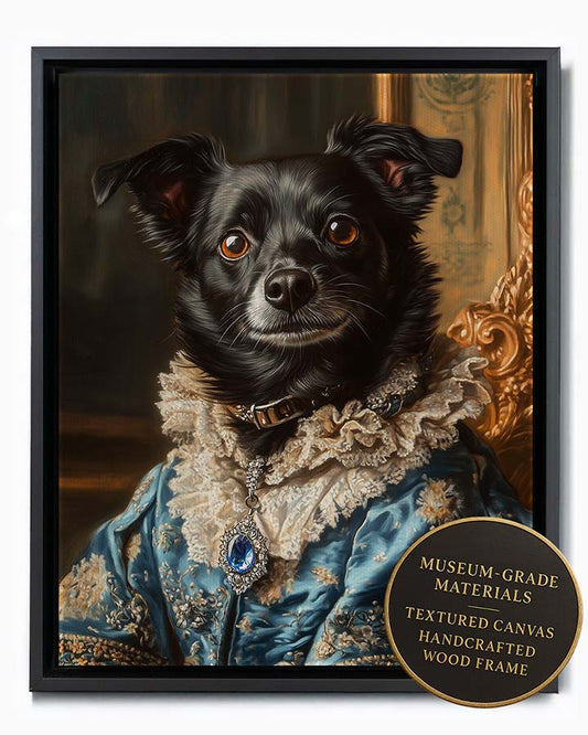 Wagwag Art Renaissance princess style custom pet portrait – a black dog in an electric blue silk gown with silver accents and sapphire pendant, elegant and expressive oil painting style, shown in black frame