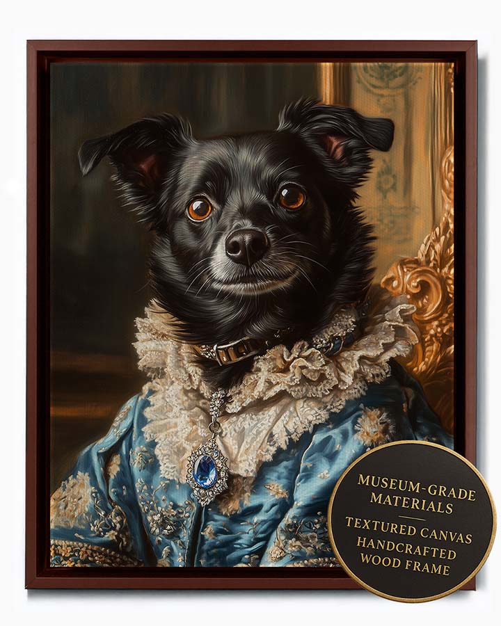 Wagwag Art Renaissance princess style custom pet portrait – a black dog in an electric blue silk gown with silver accents and sapphire pendant, elegant and expressive oil painting style, shown in espresso frame
