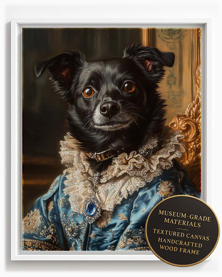 Wagwag Art Renaissance princess style custom pet portrait – a black dog in an electric blue silk gown with silver accents and sapphire pendant, elegant and expressive oil painting style, shown in white frame