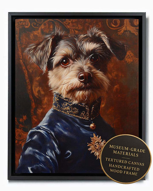 Wagwag Art Renaissance prince style custom pet portrait – a scruffy terrier mix dog in a blue velvet doublet with gold embroidery, set against a warm tapestry background, shown in black frame