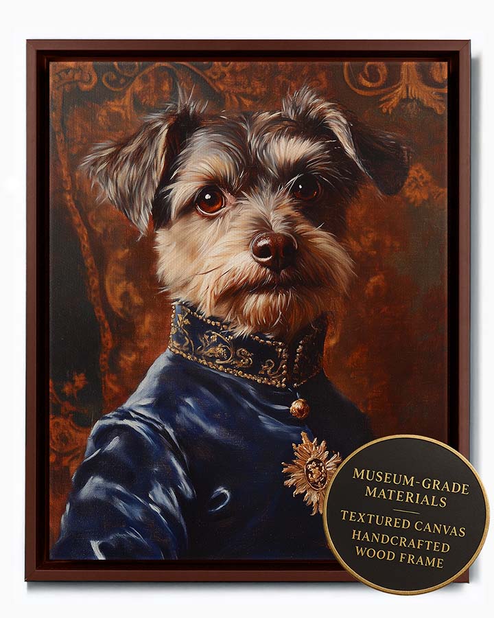Wagwag Art Renaissance prince style custom pet portrait – a scruffy terrier mix dog in a blue velvet doublet with gold embroidery, set against a warm tapestry background, shown in espresso frame