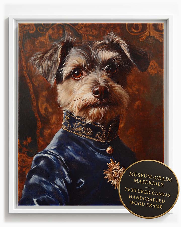 Wagwag Art Renaissance prince style custom pet portrait – a scruffy terrier mix dog in a blue velvet doublet with gold embroidery, set against a warm tapestry background, shown in white frame