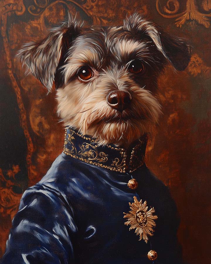 Wagwag Art Renaissance prince style custom pet portrait – a scruffy terrier mix dog in a blue velvet doublet with gold embroidery, set against a warm tapestry background