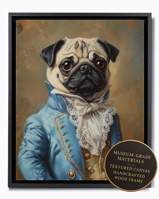 Wagwag Art Rococo aristocracy style custom pet portrait – Pug in powder blue silk frock coat with lace trim, charming and whimsical expression, shown in black frame
