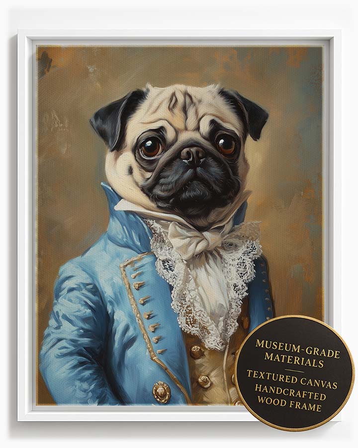 Wagwag Art Rococo aristocracy style custom pet portrait – Pug in powder blue silk frock coat with lace trim, charming and whimsical expression, shown in white frame