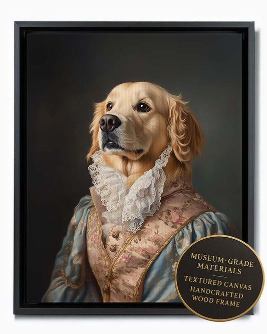 Wagwag Art Rococo-style custom pet portrait – Golden Retriever in silk frock coat with floral embroidery, playful expression in pastel background, shown in black frame