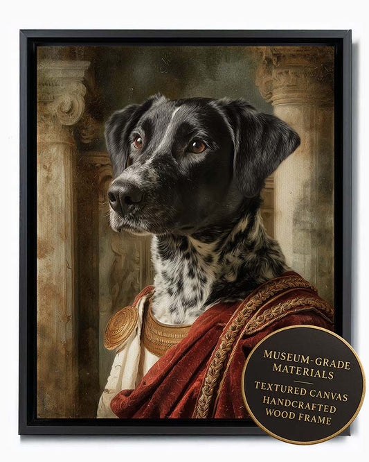 Wagwag Art Roman noble style custom pet portrait – a dignified dog in crimson velvet toga with gold trim and fur stole, stone column and fresco background, classical painting, shown in black frame