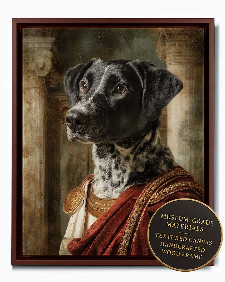 Wagwag Art Roman noble style custom pet portrait – a dignified dog in crimson velvet toga with gold trim and fur stole, stone column and fresco background, classical painting, shown in espresso frame