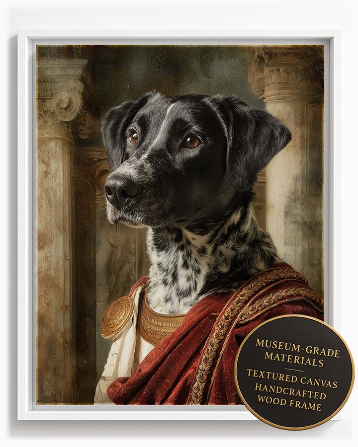 Wagwag Art Roman noble style custom pet portrait – a dignified dog in crimson velvet toga with gold trim and fur stole, stone column and fresco background, classical painting, shown in white frame